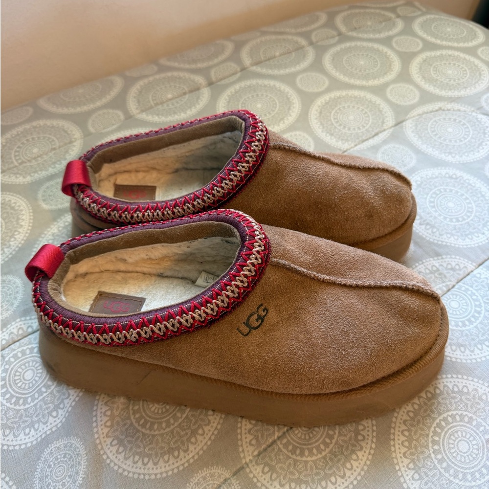 UGG Chestnut Suede Slip-On Slippers with Red Trim